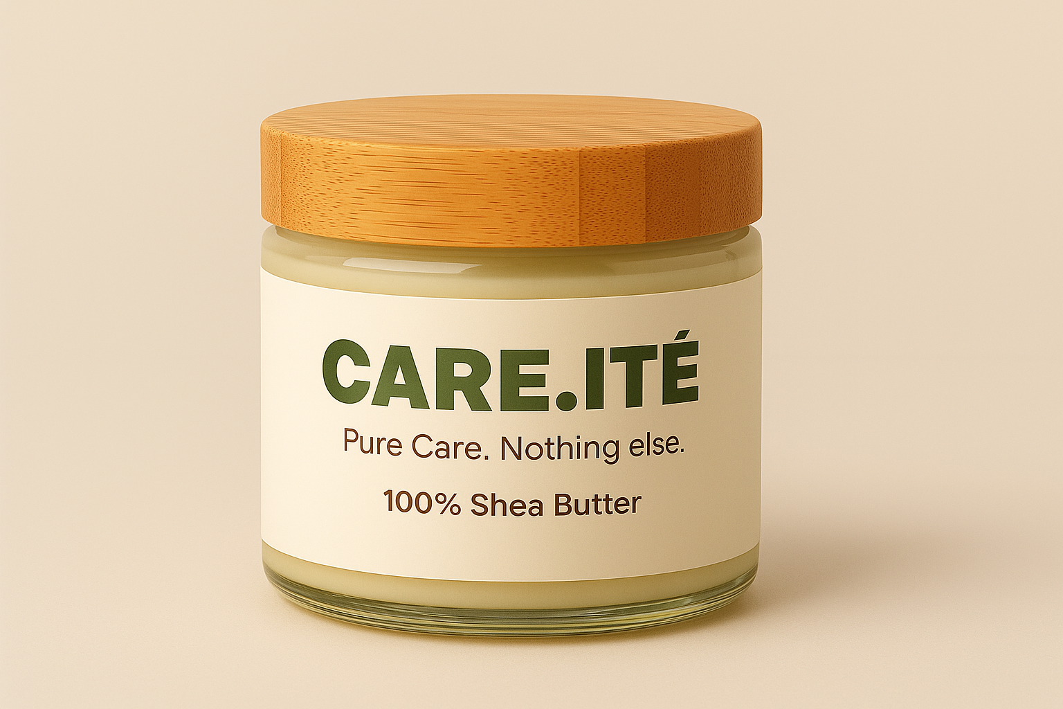 Glass jar of CARE.ITÉ 100% pure shea butter with bamboo lid on neutral background.