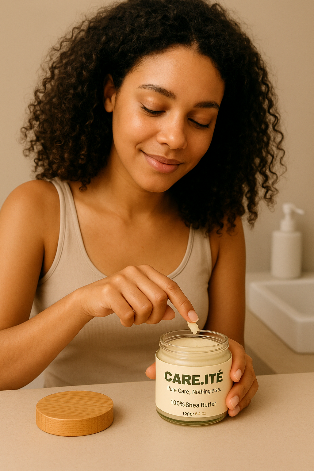 Woman enjoying self-care ritual using CARE.ITÉ pure shea butter in natural light.