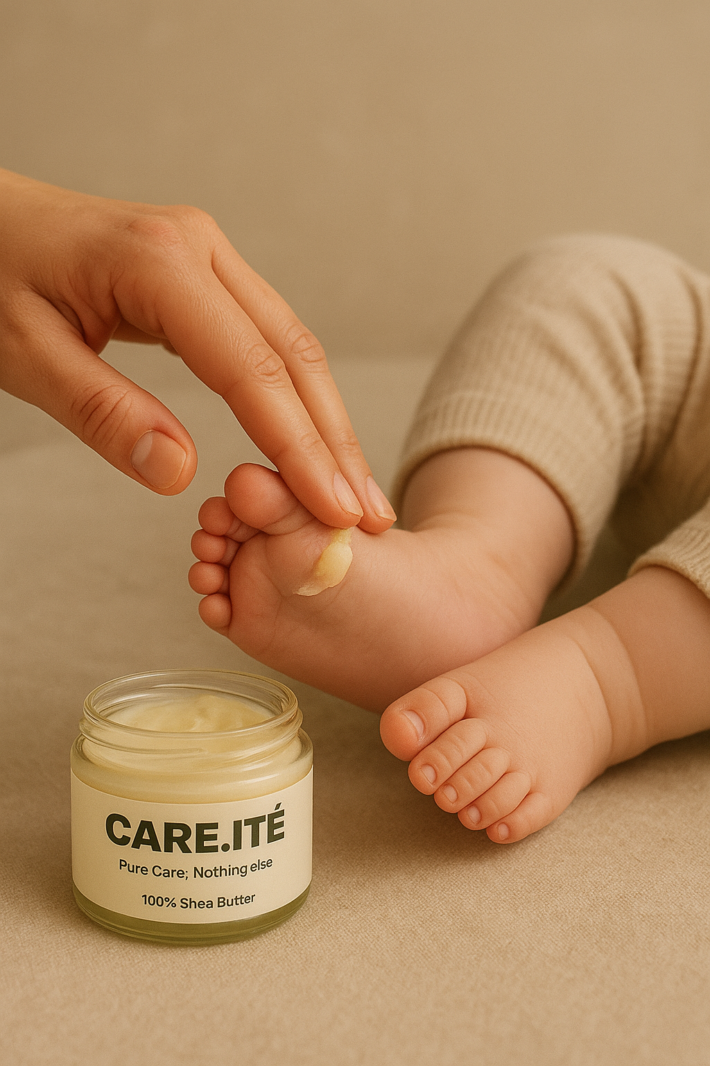 Adult hand applying CARE.ITÉ shea butter on baby’s foot beside the jar.