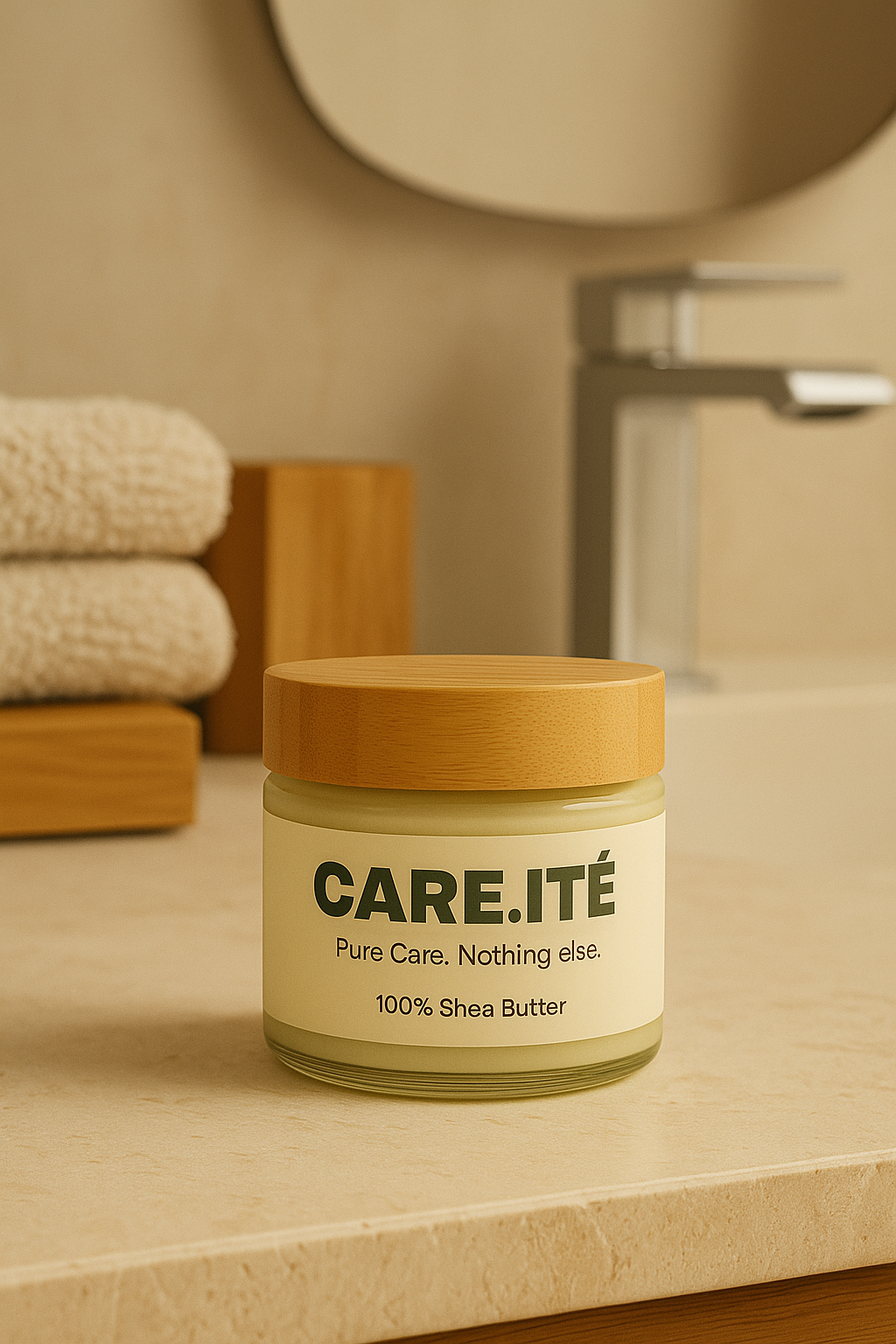 CARE.ITÉ shea butter jar on minimalist bathroom counter with natural wood details.