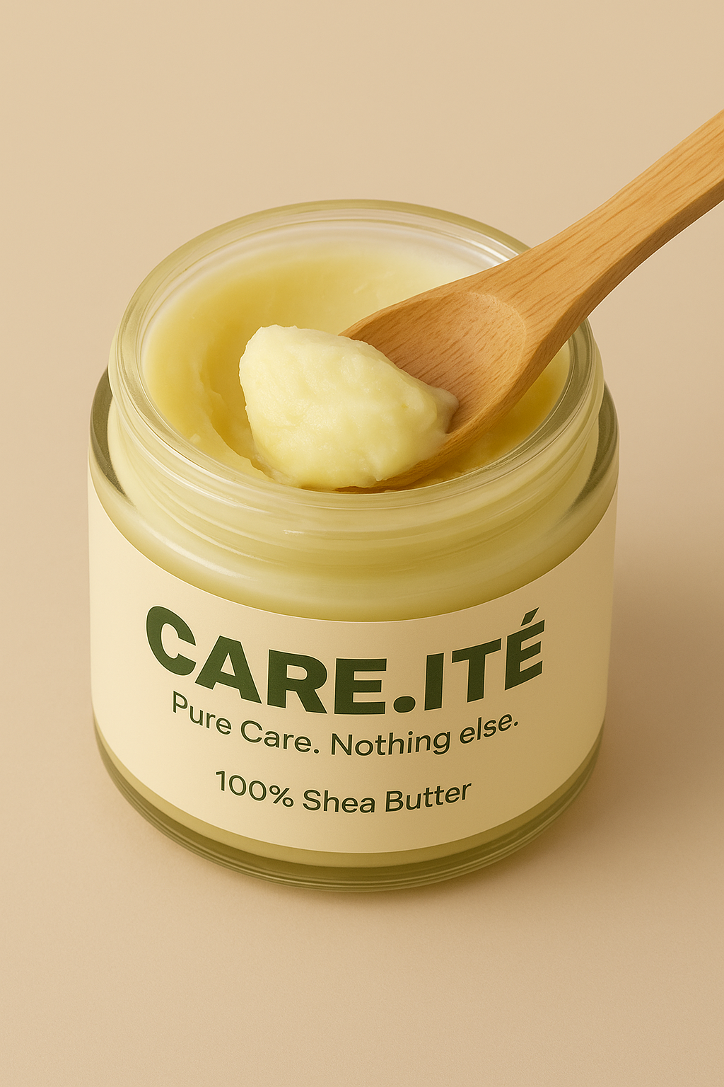 Close-up of natural CARE.ITÉ shea butter texture showing creamy consistency.