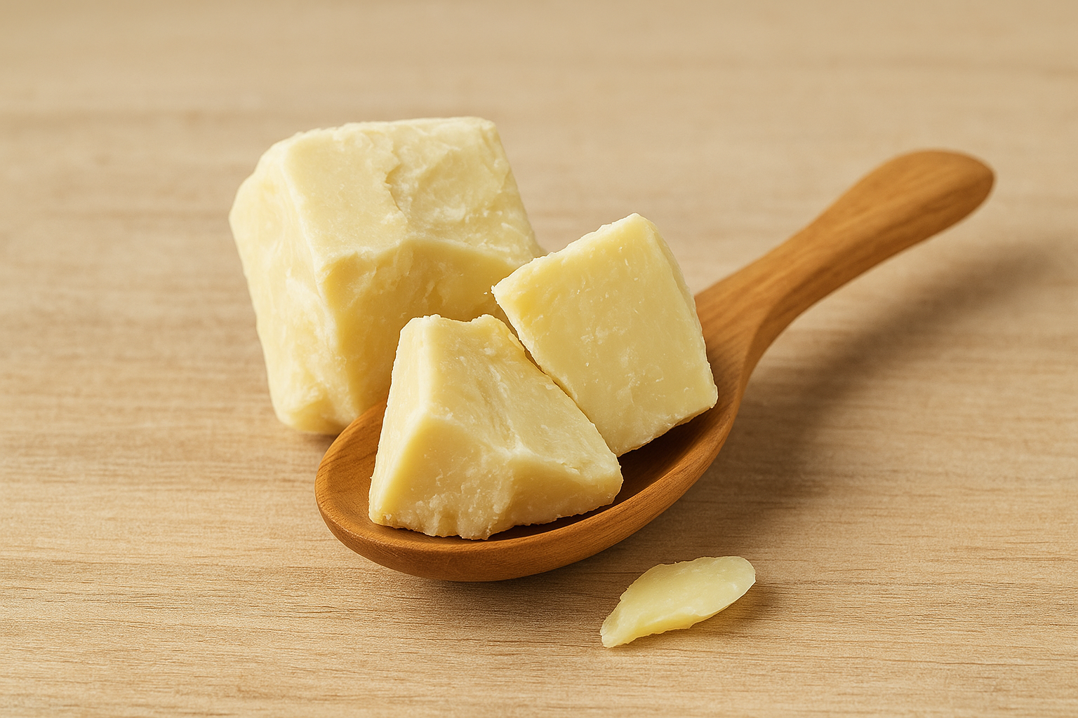 Close-up of raw, organic shea butter chunks and creamy texture on a natural wooden background – Care.ité 100% pure shea butter.